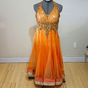 Beautiful handmade orange beaded gown size large